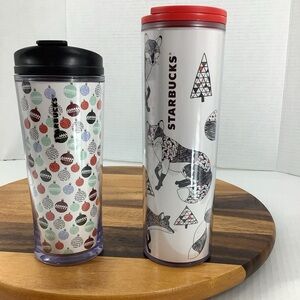 Starbucks Tumblers Set Of 2 Christmas Themed Foxes And Ornaments New With Tags